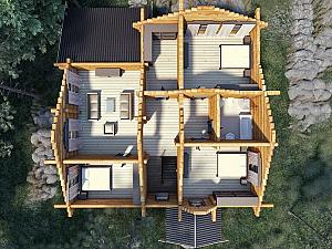 Двухэтажный дом из оцилиндрованного бревна с террасой
