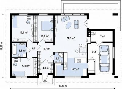 Одноэтажный дом общей площадью 156,6 кв.м