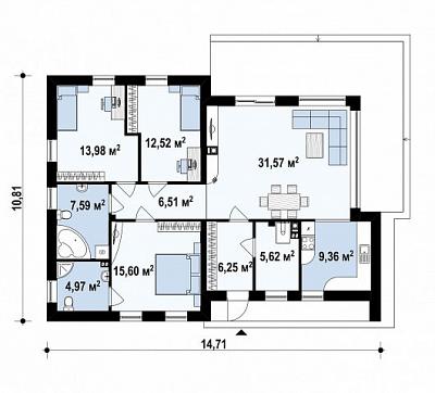 Одноэтажный стильный дом с остеклением гостиной общей площадью 123,2 кв.м