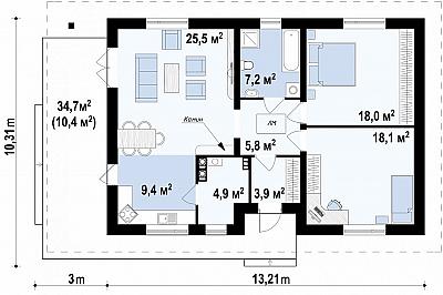 Одноэтажный дом в классическом стиле с террасой 103,1 кв.м