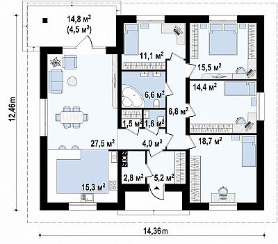 Одноэтажный дом из газобетона в классическом стиле 135,3 кв.м