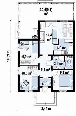 Одноэтажный дом с деревянной облицовкой общей площадью 75,4 кв.м