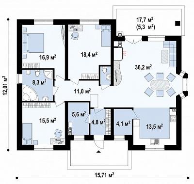Одноэтажный дом в классическом архитектурном стиле общей площадью 140,1 кв.м