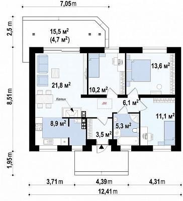 Практичный одноэтажный дом с двускатной крышей площадью 86,2 кв.м